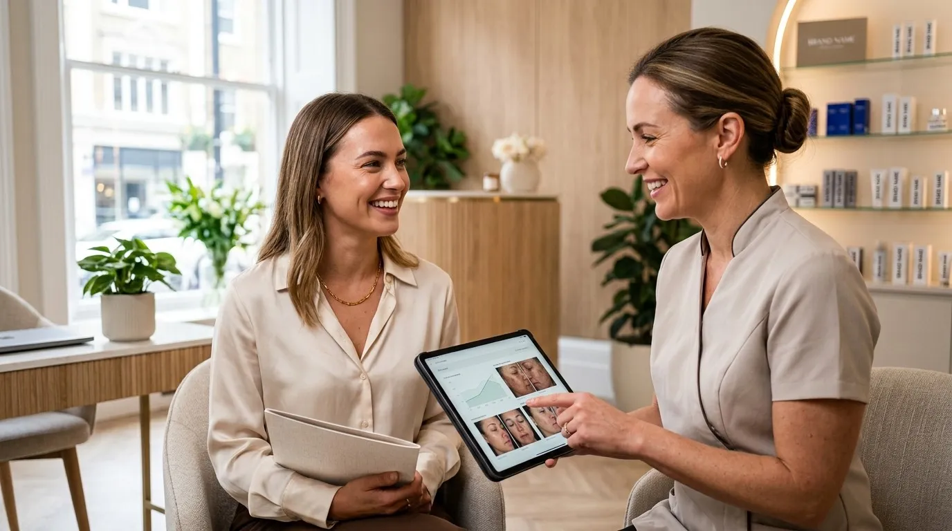 A skin clinic aesthetician reviewing treatment progress photos with a client on a tablet