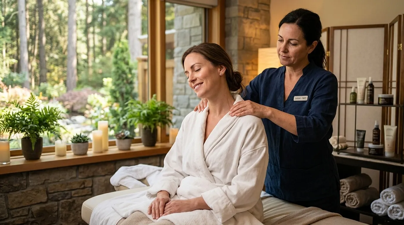 A therapist giving a client in a robe a shoulder massage in a spa treatment room